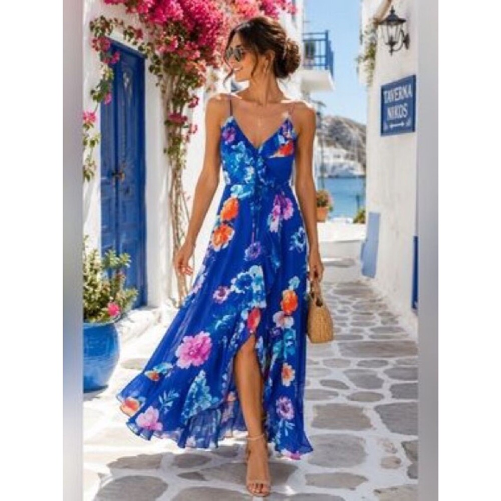 Lulus NWT Women Large Royal Blue Ladean Floral Print Ruffled Wrap Maxi Dress